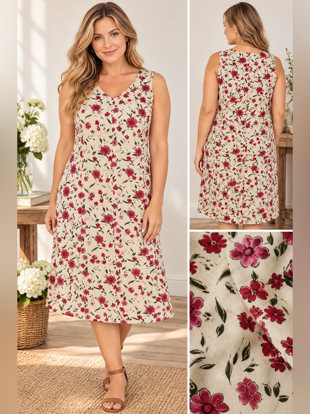 Villager Sport Petite XL Floral Midi Dress Cream Red Pink Rayon Cottagecore